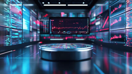 A Podium with a Reflective Chrome Surface,  Digital Screens Displaying Abstract Patterns in a High-Tech Environment, Ideal for Showcasing Electronics, Gadgets, or Innovative Products copy space