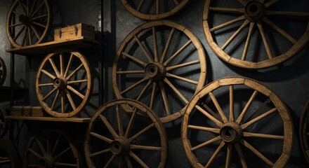 Vintage Wooden Wheels: Rustic Chic Decor - Rustic charm meets modern . This showcases vintage wooden wheels arranged in a stylish display, symbolizing history, craftsmanship, rustic elegance