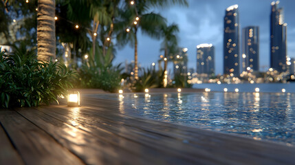 Obraz premium Tranquil evening poolside scene with palm trees, city skyline backdrop, and soft lighting; perfect for luxury resort advertising