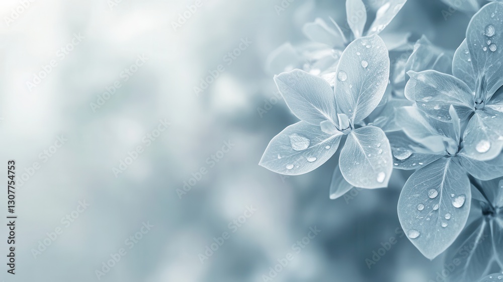 Poster delicate flowers glisten with raindrops against a soft, abstract background of muted blue and gray t