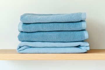 Stack of four light blue towels neatly folded on a wooden shelf.