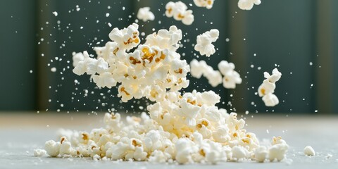 Fluffy popcorn kernels erupting in mid-air create a playful atmosphere during an exciting movie night in a warm and inviting living room