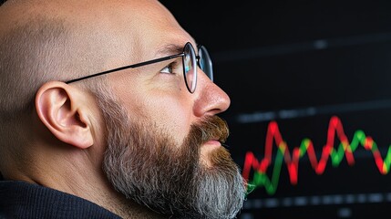 A man with glasses and a beard focuses on financial charts displayed on a digital screen. The dynamic green and red graphs reflect stock market trends during evening time