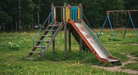 Fototapeta premium Weathered Playground Slide and Steps - Childhood memories, forgotten fun, time's passage, decay, resilience. A rusty slide and weathered steps stand in an abandoned playground