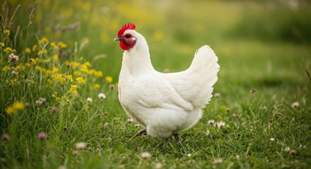 Fototapeta premium White Hen in Green Field - A pristine white hen stands serenely in a vibrant green field dotted with yellow wildflowers