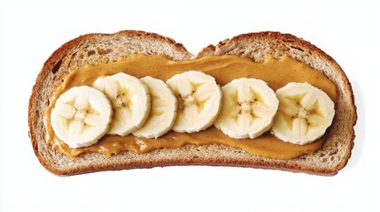 Fototapeta premium Ripe banana slices layering creamy peanut butter atop whole wheat toast, delivering wholesome energy for breakfast or quick midday refueling