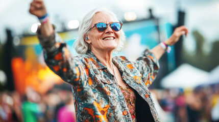 Happy senior woman enjoying music festival, raising arms and smiling