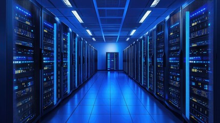 Fototapeta premium High-tech data center with rows of illuminated server racks in a secure environment, ideal for cloud computing, cybersecurity, and advanced IT infrastructure solutions