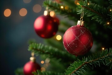 Sparkling ornaments on a decorated evergreen tree, festive, holiday, lights