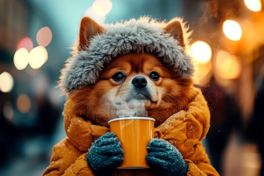 Sad cute baby dog chow chow in winter warm clothes, holding hot beverage with rising steam in paws. Social ad - animal care. Problem of animal suffering. Pet winter guard. Freezing dog shelter.