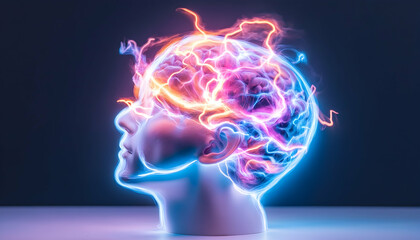 Illuminated brain inside a head, glowing with energy, against a dark background, for medical education or science