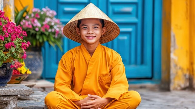 A young monk wearing an orange robe and conical hat sits cross-legged on stone steps, surrounded by vibrant flowers and a bright blue door in Hoi An, Vietnam - Powered by Adobe