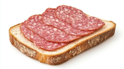 Obraz premium Thin salami slices nestling on crusty bread, forming rustic open sandwich with savory layers and tempting visual texture