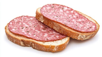 Wheat bread layered with seasoned salami, presenting savory flavors and contrasting textures for quick, satisfying lunch or midday snacking