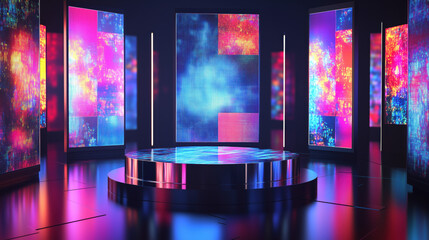 Naklejka premium A Podium with a Reflective Chrome Surface, Digital Screens Displaying Abstract Patterns in a High-Tech Environment, Ideal for Showcasing Electronics, Gadgets, or Innovative Products copy space