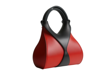 Unique handmade red and black leather handbag displayed on a white surface showcasing modern design and craftsmanship