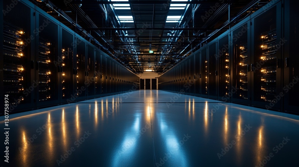 Aufkleber the image depicts a state-of-the-art data center featuring multiple rows of operational server racks