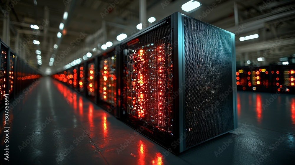 Poster the image depicts a state-of-the-art data center featuring multiple rows of operational server racks
