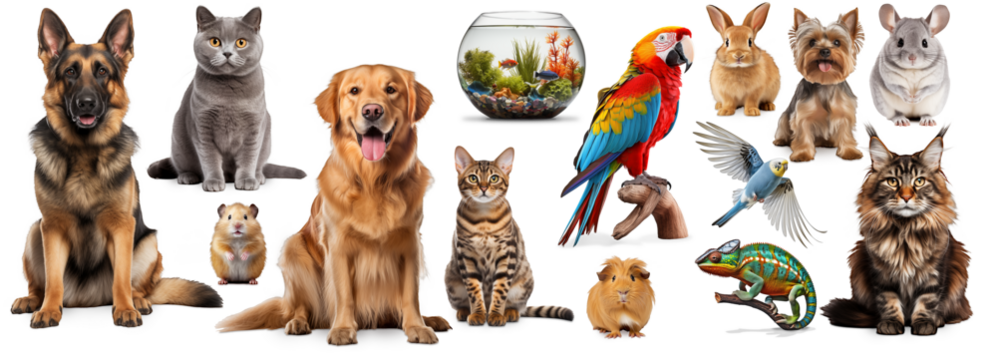 Set collection of cute various pet like dog cat parrot or rabbit isolated  white background. furry domestic animal veterinary concept