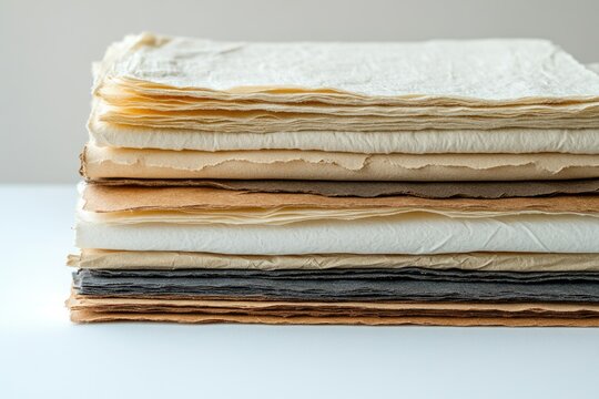 A stack of handmade papers in various natural colors and textures, showcasing artisan craftsmanship.