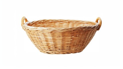 Obraz premium Lightweight wicker basket featuring dual handles, displaying natural weaving, positioned against pristine white background, highlighting neutral storage solution