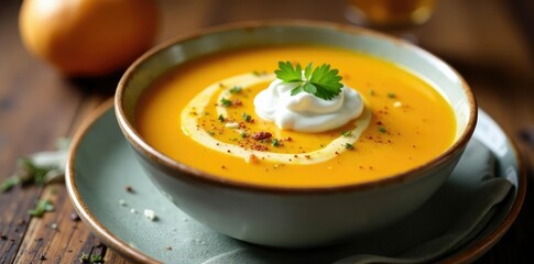 Butternut squash soup with heavy cream topping, cream, rich, comforting