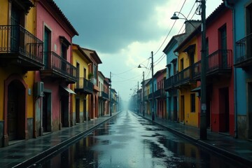 Fototapeta premium Calle desolada con edificios altos y nubes grises, arquitectura moderna, calles empedradas, lluvia