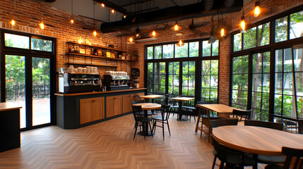 Industrial-chic cafe interior, brick walls, large windows, wooden floors; perfect for menu design or website