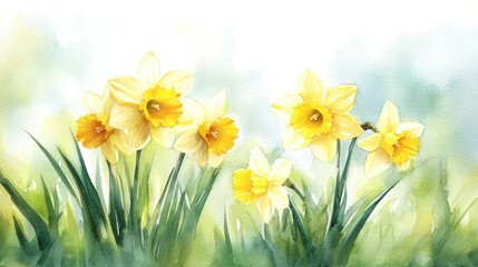 Watercolor daffodils in a spring meadow
