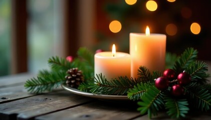 Candles and evergreen branches create a festive holiday scene, soothing, intimate