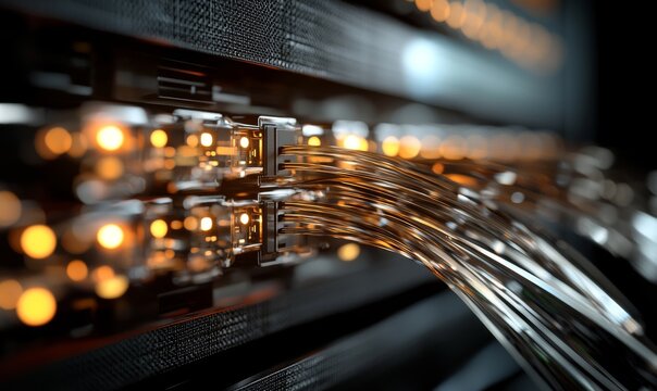 The scene depicts a state-of-the-art data center server room filled with network communication tools, vibrant neon-lit server racks, and advanced telecommunication equipment, all connected by optical