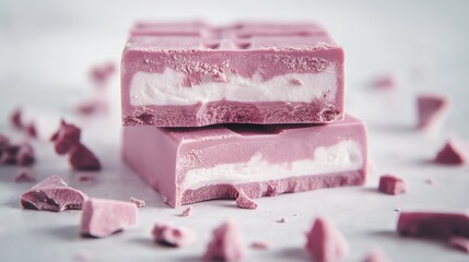 Delicious pink ruby chocolate bars with cream filling on rustic background