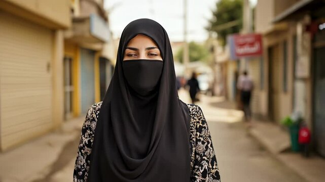 a lady in a public place market of a iran country and hiding her face with burkha