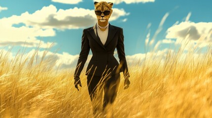 Leopard-faced woman in a suit walks through golden field