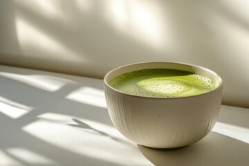 A creamy matcha latte in a white bowl, bathed in sunlight.