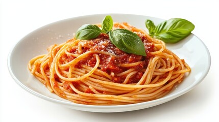 Steaming spaghetti strands covered in vibrant tomato sauce, garnished with fragrant basil and grated parmesan, representing traditional italian culinary comfort