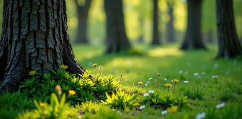 Dark tree trunks with light-colored spring shoots, natural, trunk