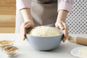 Making cinnamon rolls. Woman with dough at white wooden table, closeup