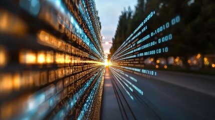 A blue technology background features horizontal neon beams and abstract program code moving in a cyberspace, illustrating the concept of data flow speed through software scripts on a screen