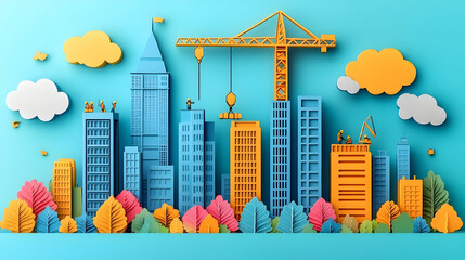 Cityscape construction with paper art style, people working on buildings, clouds and colorful leaves