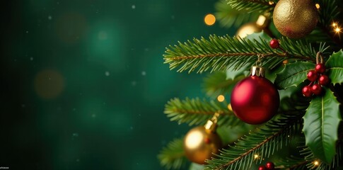 Gold-dipped holly branches adorned with sparkling ornaments, gold, festive