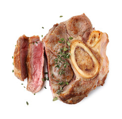 Pieces of delicious beef meat and thyme isolated on white, top view