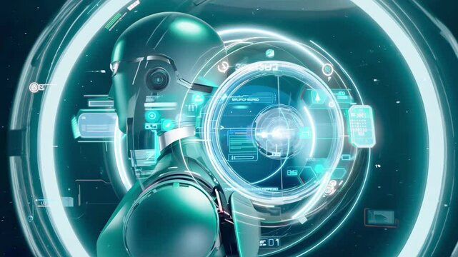 Futuristic humanoid robot with advanced artificial intelligence and cybernetic interface, surrounded by holographic data and digital technology. Concept of machine learning, robotics innovation