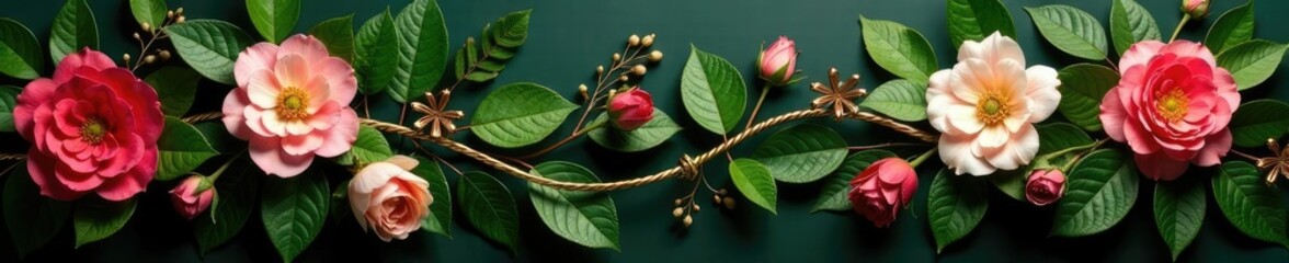 Fototapeta premium Gold-plated wire wrapped around a large floral garland, ferns, garland, leaves