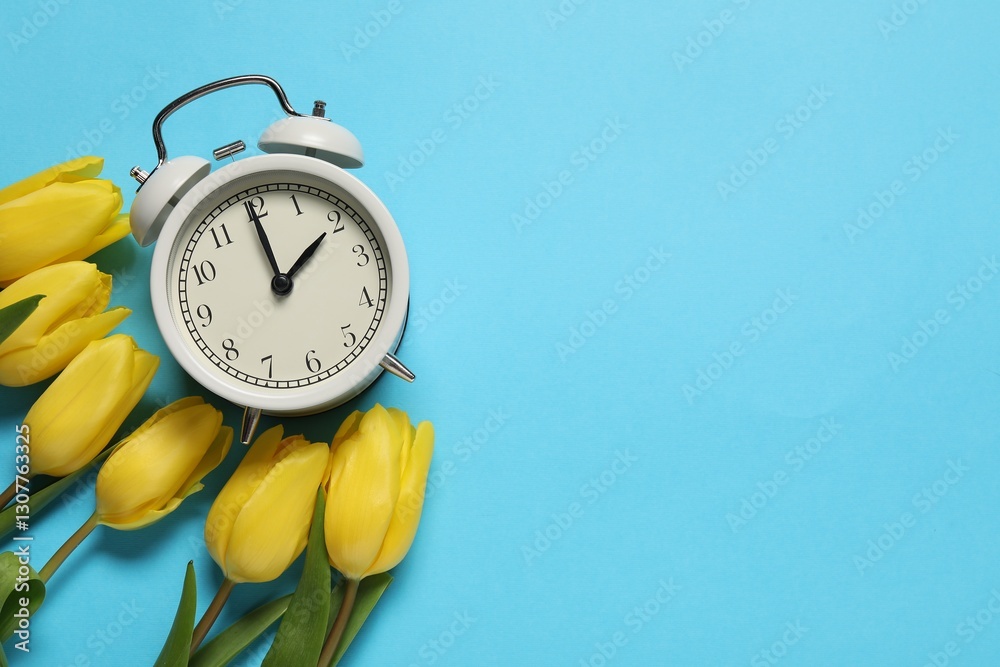 Poster spring time. alarm clock and beautiful tulips on light blue background, flat lay. space for text