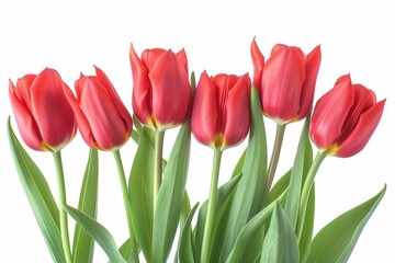 Fototapeta premium Five vibrant red tulips arranged in a row against a white background.
