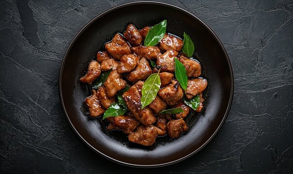 Savory adobo with tender chicken simmered in rich soy and vinegar marinade on a dark plate