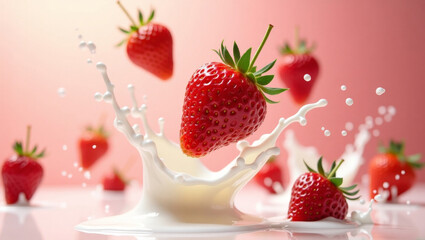 Fresh strawberries splash into milk creating a dynamic and sweet scene of healthy eating