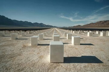 Overhead perspective of solar panels and battery storage facilities situated in a desert environment