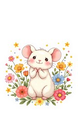 Fototapeta premium Adorable White Mouse with Pink Features Sitting Shyly Among Vibrant Spring Flowers in Sweet Children's Book Style Against Pure White Background Creating Heartwarming Scene